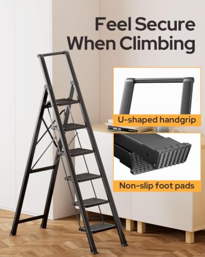 Image of 6 Step Ladder for 12 Feet High Ceiling, Lightweight Aluminum Folding Step Stool with Convenient Handgrip, Stepladders with Anti-Slip and Wide Pedal for Home Use Space Saving - Black