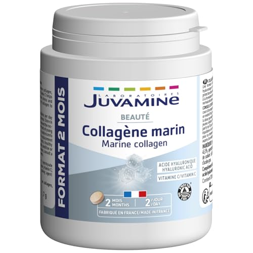 JUVAMINE - Colágeno marino y ácido hialurónico - Vitamina C - Belleza - Piel y articulaciones - Programa de 2 meses - 120 comprimidos - Fabricado en Francia