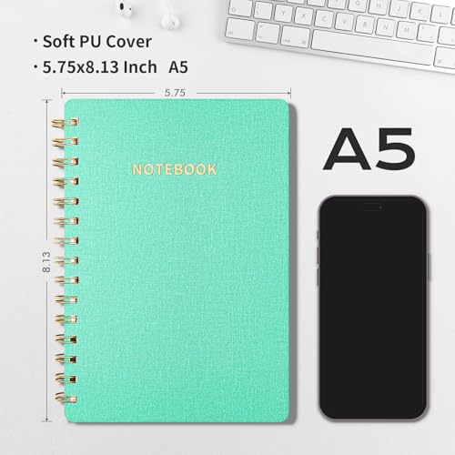 Image of Spiral Notebook-5.75 inch x 8.125 inch College Ruled Journal with Inner Pockets and 160 Pages,PU Leather Cover Business Journal, Twin-Wire Binding Notebook Perfect for Office & Home School Supplies MintGreen