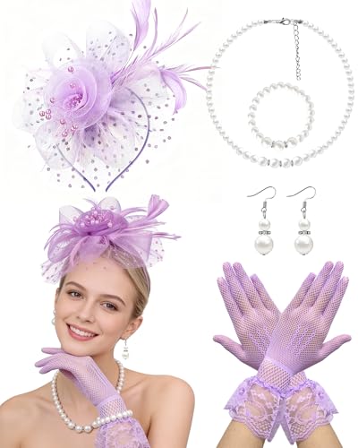 Fascinator Tea Party Hat Set for Women Elegant Vintage Accessories for High Tea Wedding Bridal Shower Light Purple