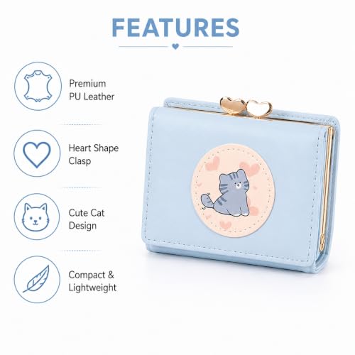 Image of Valerie Cute Small Wallets Clutch for Teen Girl Women PU Leather Trifold Small Wallet Cash Pocket 3D Buckle Card Holder Coin Purse with ID Window for Girls Women (Blue cat)
