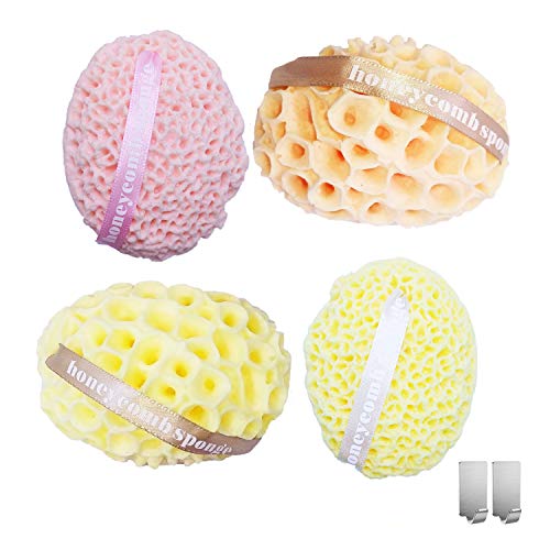 Spclsim Bath Shower Sponge Body Scrubber Loofah Sponge Gentle Body Exfoliating Loofahs Pouf Cleaning Body Luffa Sponge for Women Men Kid (Yellow and Pink with Hooks)