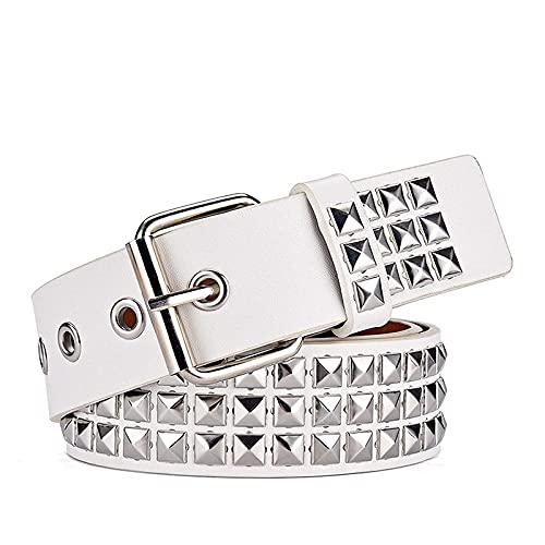 Punk Leather Belt,Women Men Goth Pyramid Studded Square Beads Rivet Jeans Belts (White)