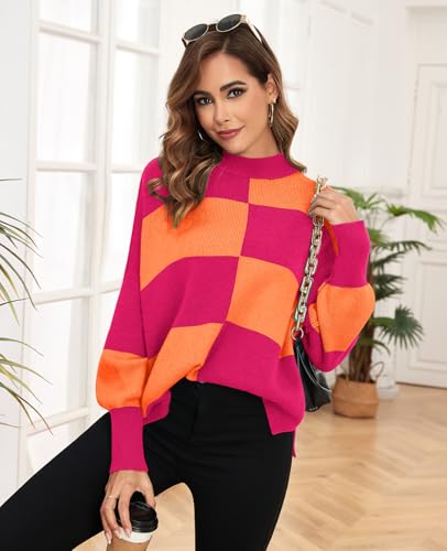 ZAFUL Womens 2025 Trendy Sweater Checkered Oversized Pullover Sweaters Side Slit Cozy Fall Winter Jumper Tops2