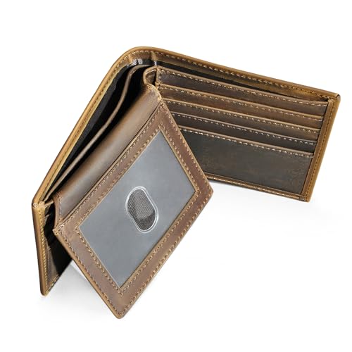 Oil Wax Genuine Leather Travel Gift Coin Pocket Card Case Vertical Chain Rfid Wallet Purse With Snap For Men Male 1805 (0503 Brown)