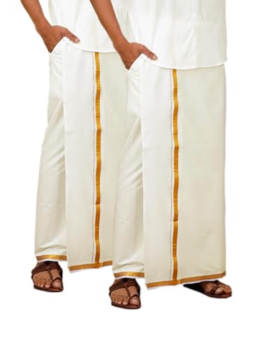 Image of Ramraj Cotton Men Cotton Blend Readymade White & Cream Dhoti With Gold Jari Border Genxt| Single Layer