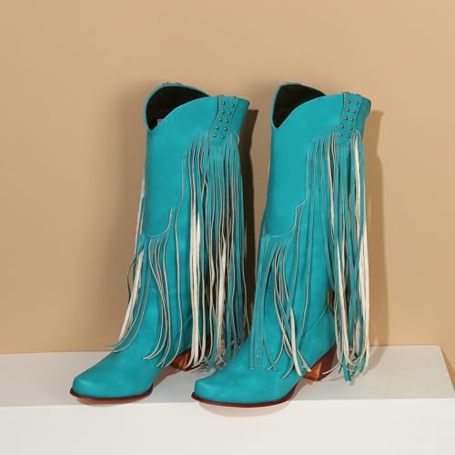 Image of KiutSymo Mid Calf Fringe Boots For Women Cowboy Pointed Toe Chunky Heels Cowgirl Western Tassel Boots