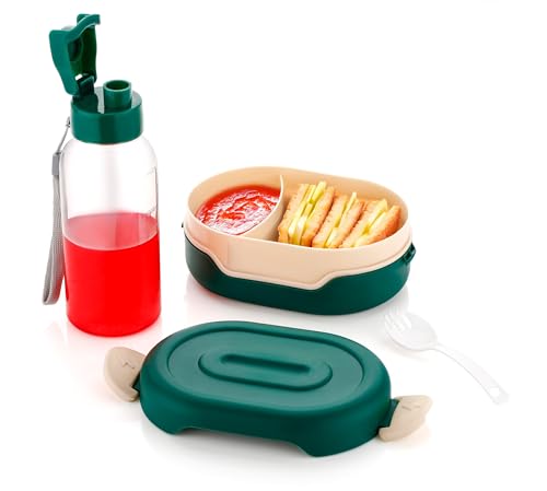 Image of Portable Lunch Box Set with Water Bottle, 2 Compartments, Leak-Proof Design, Multicolour