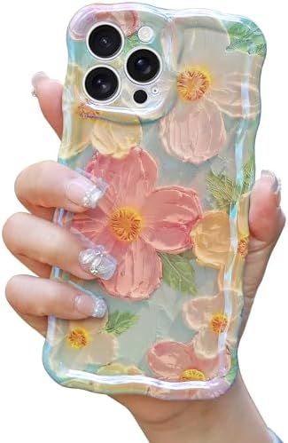 Cute Case Compatible with iPhone 16 Pro Max, Colorful Retro Oil Painting Printed Flowers Case, Floral Laser Beam Glossy Pattern Curly Waves Frame Shockproof Protective Cover for Girl Women