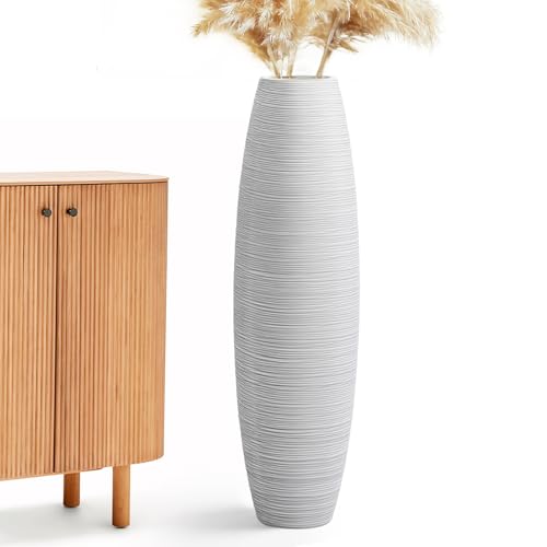 Image of Large Floor Vase 35.4 inch Matte White, Resin Wide-Body Vase with Horizontal Ribbed Texture for Dried Pampas Grass Branches, Modern Home Decor for Living Room Corner Entryway