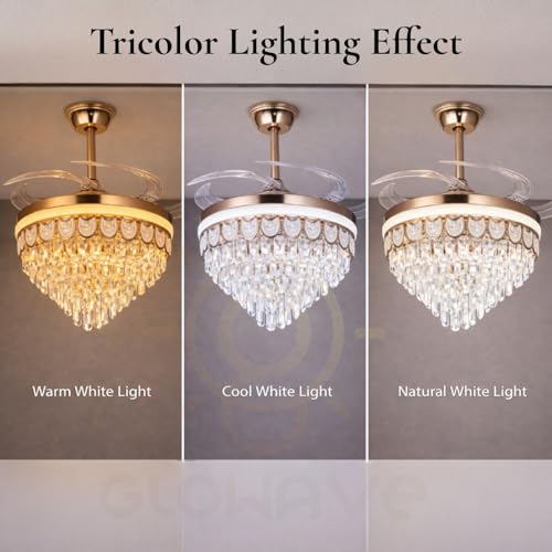 Image of Glowave 52 Inch Black Gold Crystal Chandelier Fan 3 Colors Light Speed Setting 6 Fan Blades Remote Control Ceiling Fan for Kitchen, Cafes, Hotels, Dining, Bar (FI 7680)
