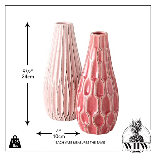 Iconic Scandi Vases, Set Of 2, Fluted, Pink, Mauve And Dusty Rose, Crackle Suffused, 4 D X 9.5 H Inches Tall, High Fired Stoneware, Modern Accents #TOP5