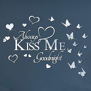 Wajade Always Kiss me Goodnight Mirror Wall Sticker Silver Heart and Butterflies Quotes Mirror Wall Decals Acrylic Family Inspirational Saying Words Wall Art Home Decoration for Bedroom Playroom