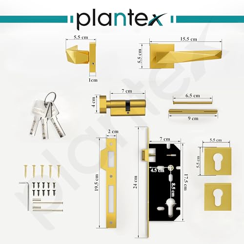 Image of Plantex Heay Duty Mortise Door Lock for Home /Main Door Lock Set /Door Handle Lock with Brass Lock Body & Cylinder (7129, PVD Gold)