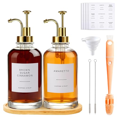2Pcs Coffee Syrup Dispenser 500ml/16.9 oz Glass Hazelnut Vanilla Syrup Bottle Syrups Pump Dispenser with Pump Contains 36 Labels and Bottle Brush Funnel for Kitchen Bar Accessories Set of 2
