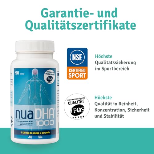 Nua Biological - NuaDHA 1000 in Kapseln, Nahrungsergänzungsmittel auf Basis von DHA (Docosahexaensäure) - Omega-3 aus Blauem Meeresfisch - 90 Kapseln in Triglycerid-Form (1000 mg DHA/Kapsel)