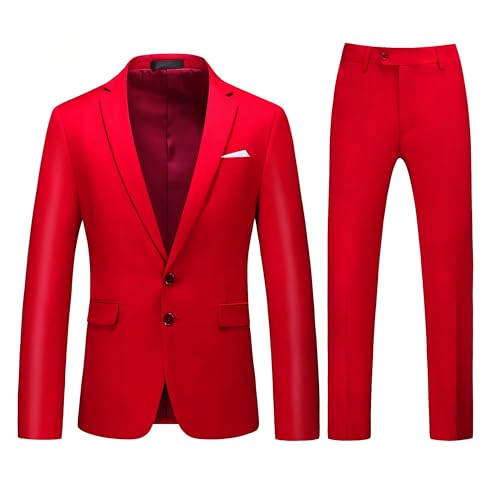 MOGU Mens Slim Fit Suit 2 Piece Tuxedo for Daily Business Wedding Party (Suit Jacket + Pants) US Size Blazer 34/Pants 31 Red