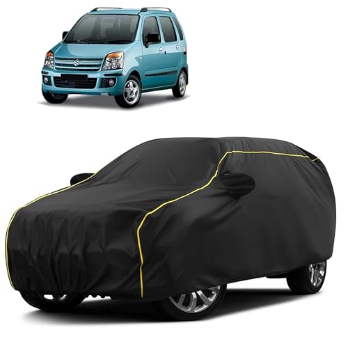 Image of Sulfar 100% Water Resistant Car Body Cover Compatible with Mirror for Maruti Suzuki Old Wagonr (Triple Stitched, Full Bottom Elastic, Black Taffeta with Yellow Piping)