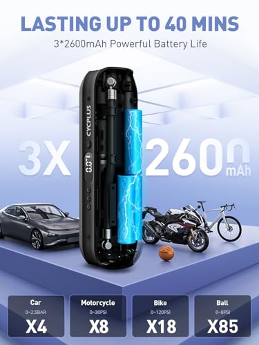 cycplus 2600mah*3 pompe à air i50psi compresseur électrique pompe à vélo portable mini pompe à pneu avec lumière led batterie li ion rechargeable dc/ac 12v pour tous les vélos, motos et voitures.
