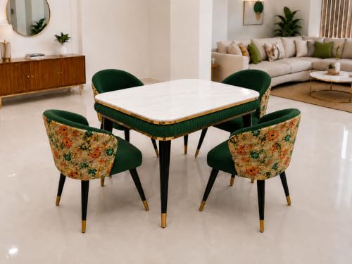 Image of WOODEN SPACE Majestic 4 Seater Wooden Dining Table Set | Urban Marble Top Dining Table with Chairs for Dining Room & Kitchen (Modern Classic Printed Dark Green) (54 x 36 x 30 inch)