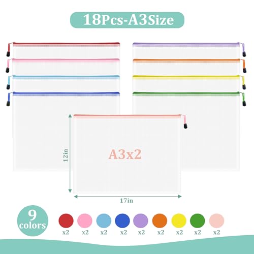 Image of 18pcs Mesh Zipper Pouch Board Games Storage Bags, 9 Colors Puzzle Bags, A3 17x12 Inches Large Reusable Zipper Bags for Organizing, Plastic Mesh Bags, Travel, School Office Organization
