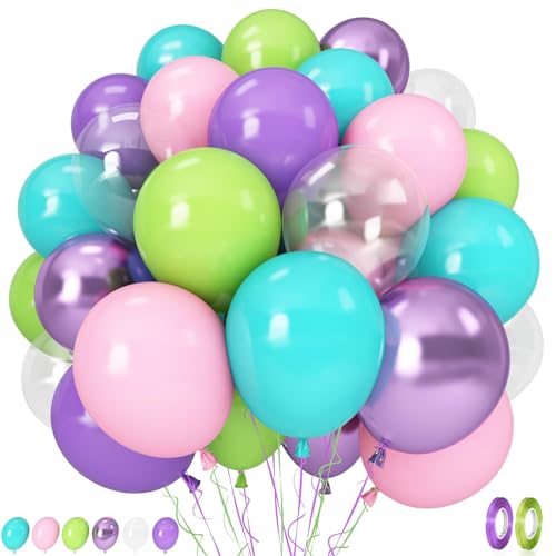 Image of Pink Blue Purple Party Balloons, Pack of 60 12 inch Monster Balloons with Clear Balloon, Pink Metallic Purple Teal Green Balloons for Kids Magic Theme Birthday Baby Shower Party Decorations Supplies
