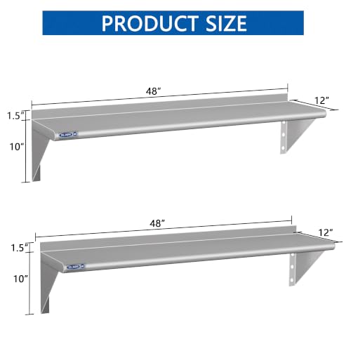 Image of HARDURA 2 Pack Stainless Steel Shelf 12 inch X 48 inch, 200Lb Commercial Wall Mount Metal Shelving with Backsplash and Brackets for Kitchen, Restaurant, Laundry Room and Home