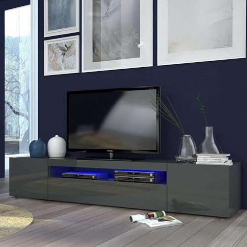 Dmora - Meuble TV Jesse, Buffet bas de salon avec 3 portes, Base pour meuble TV, 100% Made in Italy, 200x40h37 cm, Anthracite Brillant, avec lumière LED