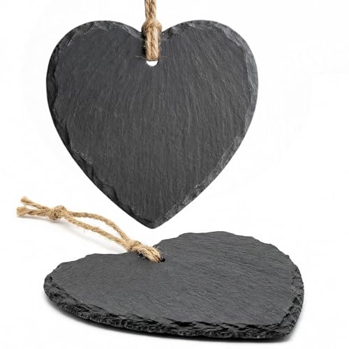 MIJOMA Lot de 2 cœurs en ardoise 15 x 15 cm – Avec ruban de jute pour suspendre et écrire – Forme de cœur naturelle avec bord cassé – Comme plaque de...