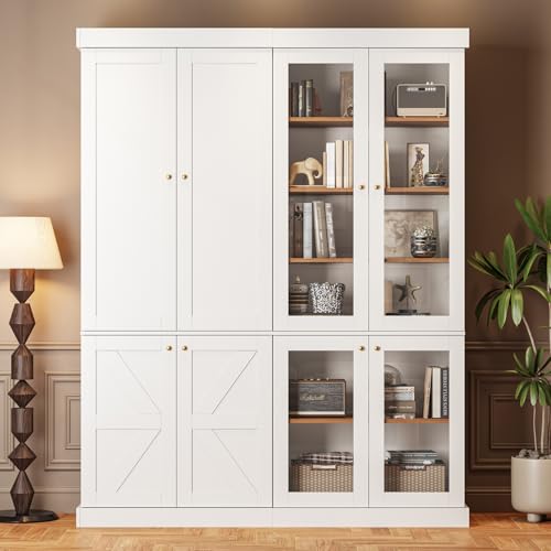 Image of Vyre 70.8 inch Tall Farmhouse Bookshelf, Modular Bookcase with Glass Doors, 6-Tier Adjustable Shelves, Large Storage Cabinet for Kitchen, Living Room, White, Set of 2
