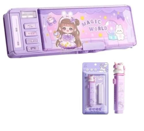 Image of WORSHIPER New Cartoon Theme Pencil Box with Push Pull Eraser Set for Kids | Suitcase Style Password Lock Stationery Organizer | School Supplies Gift Combo for Boys & Girls (Magic Compass + Eraser)