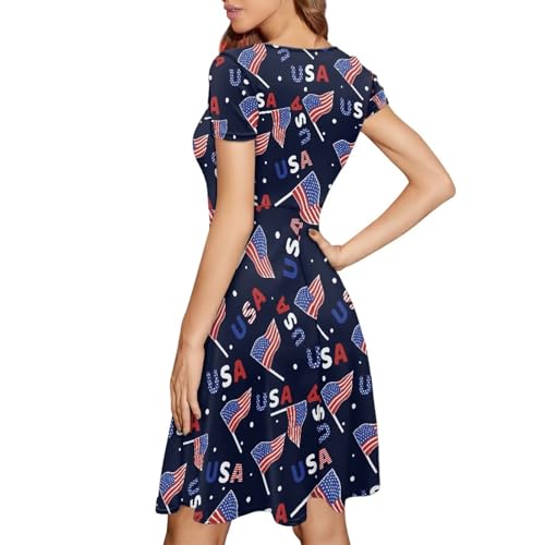 Image of POLERO Women Puffy Swing Elegant Party Midi Dresses Short Sleeve Round Neck A-Line Dress