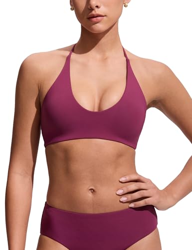 CRZ YOGA Womens Self Tie Halter Bikini Tops - Swim Bathing Suit Scoop Neck Backless Swimsuit Padded Fuchsia Medium