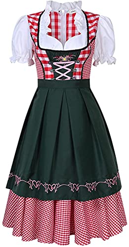 Clearlove Women's German Dirndl Dress 3 Pieces Oktoberfest Costumes Red Plaid S - Thumbnail 2
