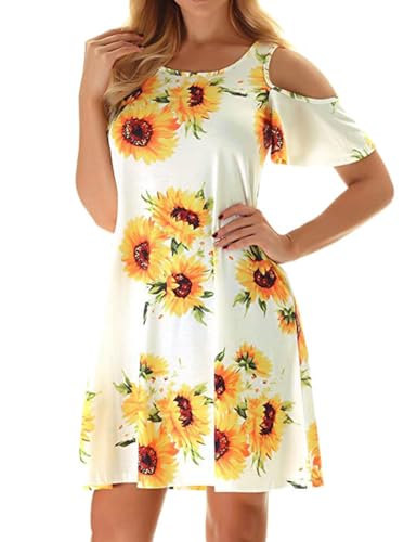 Image of Misyula Style Womens Summer Cold Shoulder Floral Flowy T-Shirt Dress with Pockets