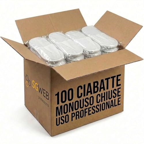 SGWEB professional 100 Paia Ciabatte di Cortesia per Hotel, Alberghi, Spa in TNT - Confezionate Singolarmente, Suola Antiscivolo - Pantofole Monouso Chiuse 28,5 x 11,7 cm - 42 g – Bianco (Mod. Chiuso)
