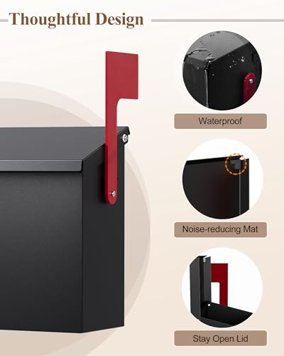 VERSASKY Wall-Mount Mailbox for Outside, Large Capacity Rust-Proof Mail Box with Stay-Open Lid & Red Flag Kit, Galvanized Steel Weather-Resistant Post Box for House Outside, 13\"x4.1\"x6.9\", Black