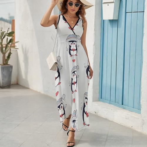 Robe maxi col V décontracté avec imprimé pingouin de dessin animé