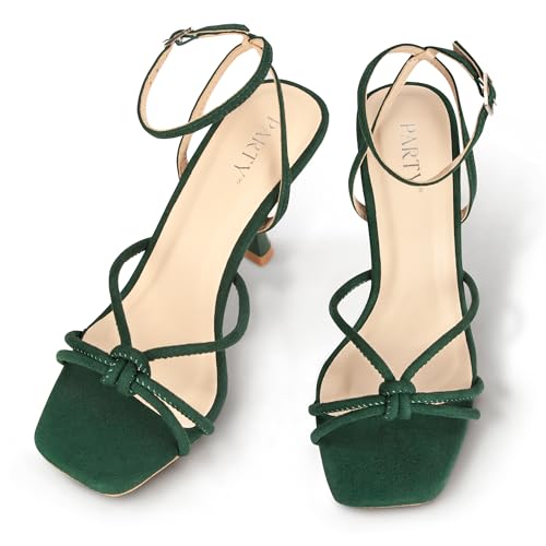 Image of PARTY Women's Square Open Toe Strappy Heeled Sandals 3 inch Stiletto Kitten Heel with Ankle Buckle Strap, Comfortable Slingback Summer Dress Shoes