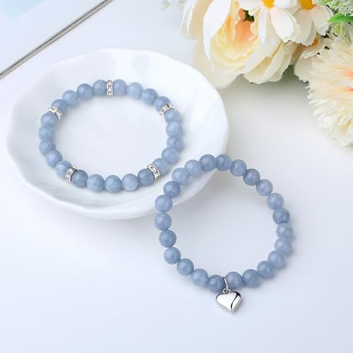 DUQGUHO Heart Bracelet for Women Healing Crystals Bracelets 8mm Love Charm Bracelet for Women Natural Stone Stretch Beads Bracelet Gifts for Women 2Pcs3