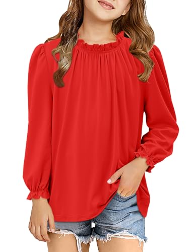 Yoklass Girls Puff Long Sleeve Shirts Casual Ruffle Neck Blouses Loose Dressy Tops 4-13 Years