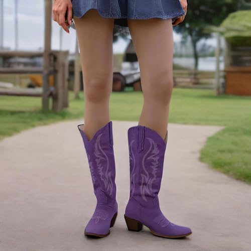 Image of KaroNairy Women Cowboy Boots Faux Suede Embroidered Pointed Thick Heeled Western Wide Calf Cowgirl Ponited Toe Mid Calf Boots