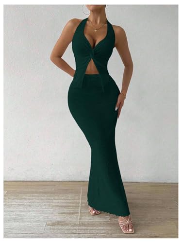 Image of SOLY HUX Women's Two Piece Outfits Twist Front Halter Cami Tops and Skirt Summer Set