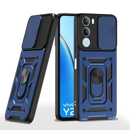 Image of Pikkme Back Cover for Vivo Y29 5G / Vivo Y19s 5G | 360 Protection Case | Sliding Camera Shield Cover & Ring Holder Stand D10 Tough Armor Bumper Case (Blue)