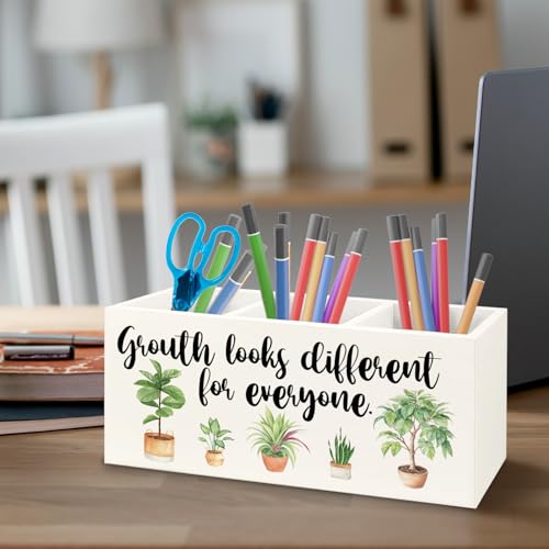 Image of Growth Looks Different for Everyone Mental Health Growth Mindset Wooden Pen Pencil Holder for Classroom Therapy Office Desk Accessories, Back to School Supplies Gifts for Students