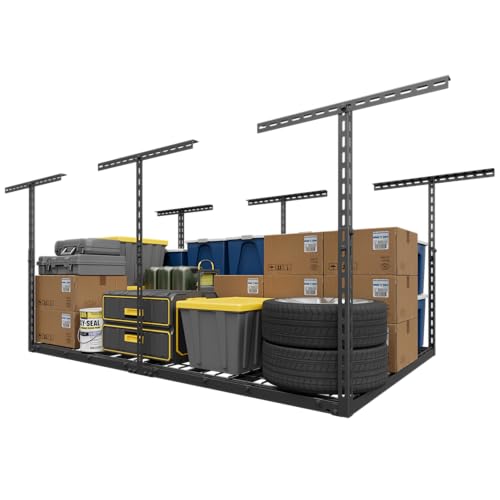 Jusgym 4X6FT Overhead Garage Storage Rack, 26″-40″ Height Adjustable Garage Ceiling Storage Racks, Heavy Duty Metal Overhead Storage Organizer System, 450LBS Weight Capacity