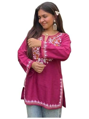 Image of GoSriKi Short Kurti for Women Viscose Embroidered | Kurti for Woman Regular Fit | Round Neck V Slit Full Sleeve Stylish Ladies Top Ethnic Wear Womens Clothing Trendy Kurta Tops