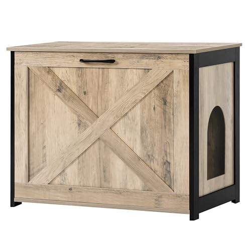 Dwanton Cat Litter Box Furniture Hidden, Cat Litter Box Enclosure, Reversible Entrance Can Be on Left or Right Side, Indoor Cabinet, Wooden Washroom, End Table, Nightstand, Greige, 27.6