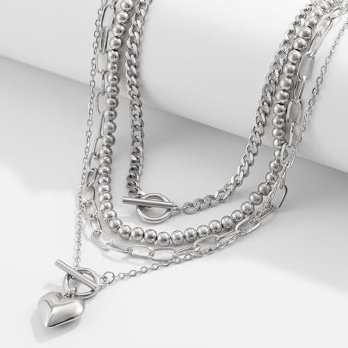 Chunky Gold Necklace Stack for Women Layered Necklaces for Women Silver Chunky Necklace Paperclip Chain Cross Beaded Ball OT Toggle Heart Pendant Necklace Chunky Gold Jewelry Set3