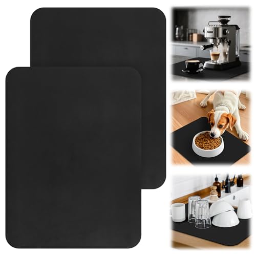 FICOFISE Super Absorbent Quick Dry Draining Mat, 2 Pcs 30x40cm - Anti Slip Washable Dish Drainer Mat for Kitchen Counter, Coffee Machine Mat for Home Bar Pub Worktop (Black)